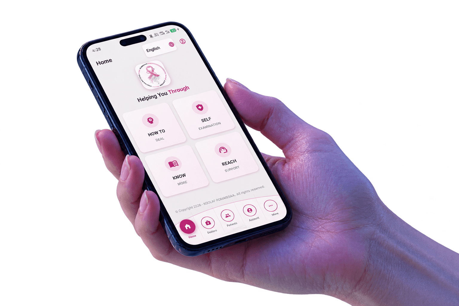 Hand holding a smartphone showing the SmartPink app